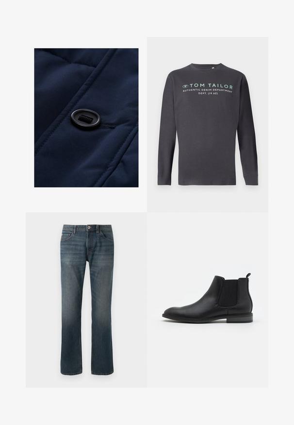 Marineblauwe gewatteerde stof met een gladde textuur, voorzien van een zwarte knop en trekkoord-detail op het oppervlak, waarbij de quiltpatronen worden benadrukt.; TOM TAILOR PRINTED - Longsleeve - tarmac grey; Donkerblauwe spijkerbroek met een recht model. Kenmerken zijn onder andere vijf zakken, contrasterende stiksels, en een sluiting met een knoop en rits aan de voorkant.; Zwarte leren Chelsea boot met elastische zijpanelen, ronde neus en treklus, met een lage blokhak en een gladde textuur.