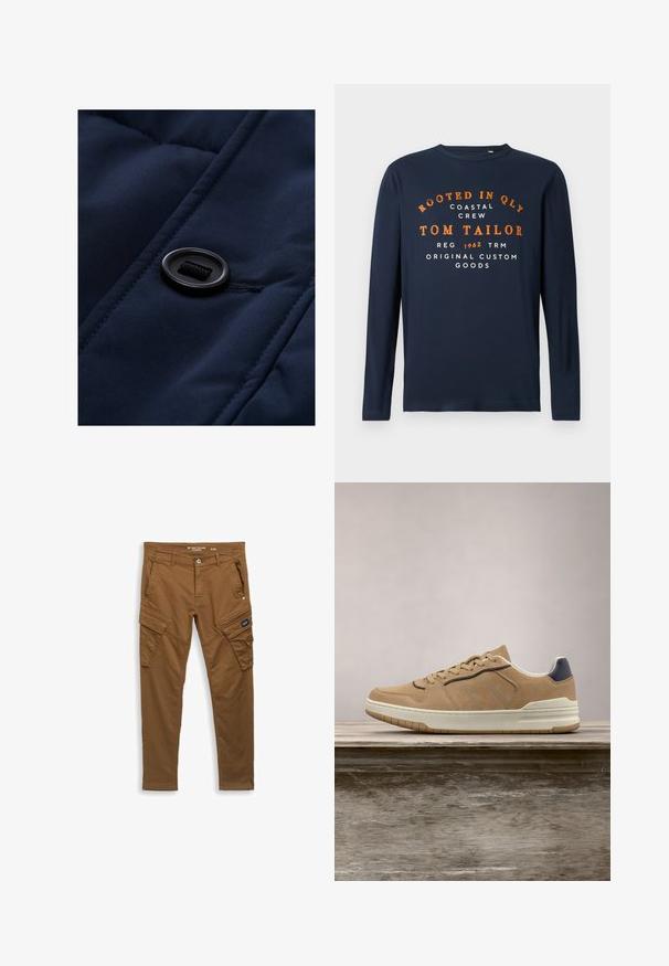 Marineblauwe gewatteerde stof met een gladde textuur, voorzien van een zwarte knop en trekkoord-detail op het oppervlak, waarbij de quiltpatronen worden benadrukt.; Navyblauwe longsleeve t-shirt met ronde hals en oranje en witte tekst: "ROOTED IN QLY COASTAL CREW TOM TAILOR 1962 ORIGINAL CUSTOM GOODS."; Bruine rechte cargo pants met een voorste knoop, ri loops, zij- en achterzakken en klepafsluitingen op de dijzakken.; Beige suède sneaker met een witte rubberen zool, voorzien van beige veters, marineblauwe accenten en geperforeerde details op de toe box.
