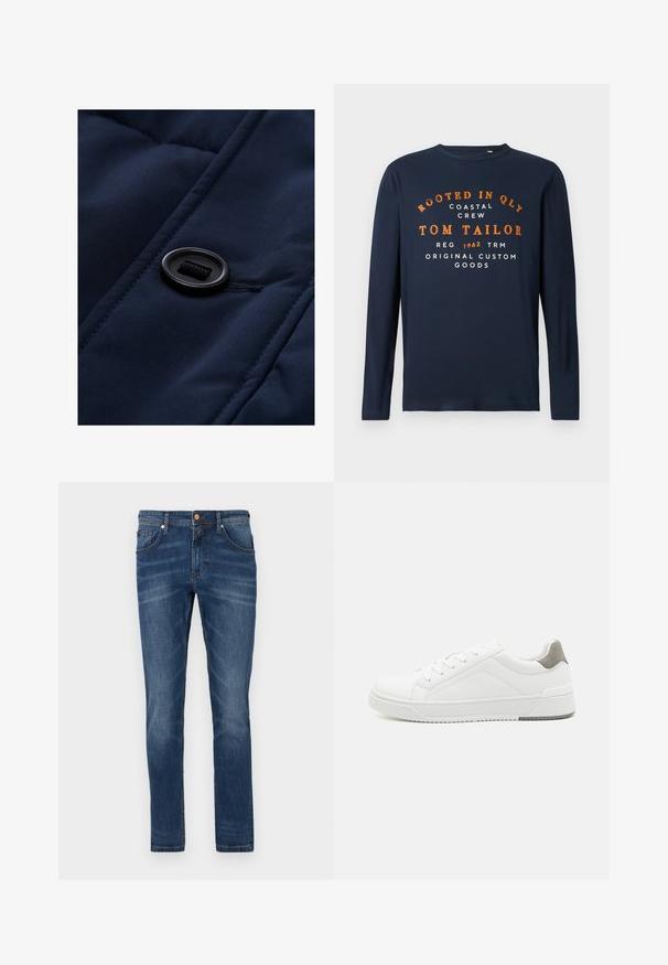 Marineblauwe gewatteerde stof met een gladde textuur, voorzien van een zwarte knop en trekkoord-detail op het oppervlak, waarbij de quiltpatronen worden benadrukt.; Navyblauwe longsleeve t-shirt met ronde hals en oranje en witte tekst: "ROOTED IN QLY COASTAL CREW TOM TAILOR 1962 ORIGINAL CUSTOM GOODS."; Donkerblauwe denim jeans met een rechte pijp, vijf zakken, subtiele vervaging, contrasterende stiksels en een knoopsluiting in de taille.; Witte sneaker van glad leer met een ronde neus, minimalistisch ontwerp, grijze hielaccent en een geplaatste rubberen zool.