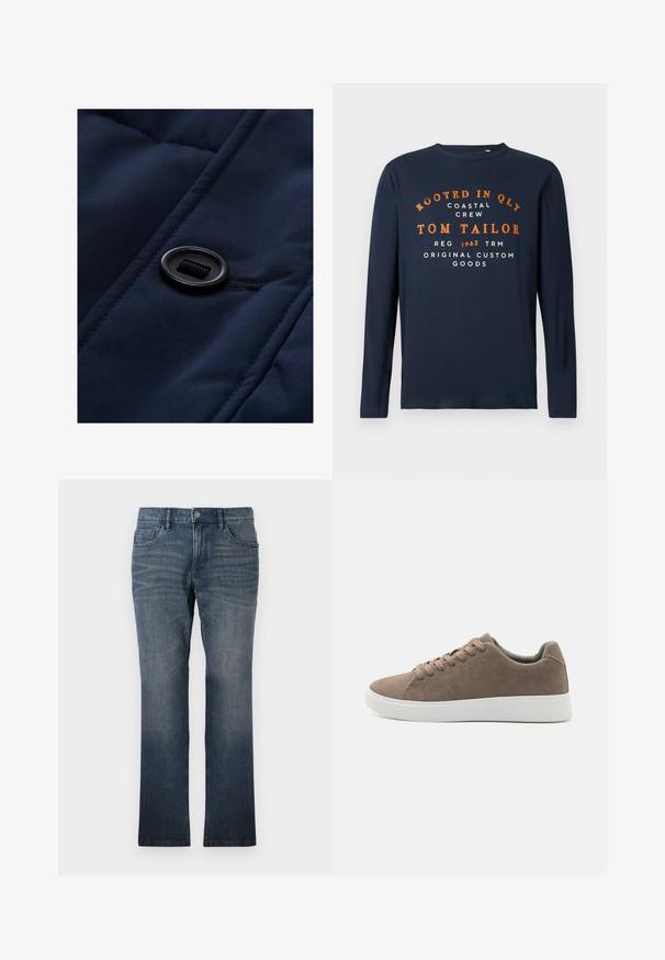 Marineblauwe gewatteerde stof met een gladde textuur, voorzien van een zwarte knop en trekkoord-detail op het oppervlak, waarbij de quiltpatronen worden benadrukt.; Navyblauwe longsleeve t-shirt met ronde hals en oranje en witte tekst: "ROOTED IN QLY COASTAL CREW TOM TAILOR 1962 ORIGINAL CUSTOM GOODS."; TOM TAILOR MARVIN - Straight leg jeans - dark stone wash denim; Bruine suède sneakers met platte witte rubberen zolen, vetersluiting, ronde neus en een gladde textuur. Minimalistische stijl met subtiele stikdetails.