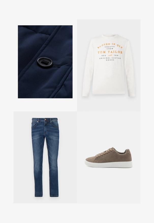 Marineblaues gepolstertes Gewebe mit glatter Oberfläche, das mit einem schwarzen Knopf und einer Kordelzug-Detail versehen ist und die Steppmuster hervorhebt.; Weißes Langarmshirt mit orangefarbener und schwarzer Schrift, auf der steht: "Rooted in QLY Coastal Crew Tom Tailor Reg 1962 TRM Original Custom Goods".; Dunkelblaue Jeans aus Denim mit geradem Bein, fünf Taschen, dezente Verwaschungen, kontrastierende Nähte und einem Knopfverschluss an der Taille.; Braune Wildledersneaker mit flachen weißen Gummisohlen, Schnürdesign, abgerundete Zehen und einer glatten Textur. Minimalistischer Stil mit dezenten Nähdetails.