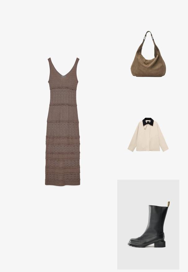 Beige jakke med en sort fløjlskrage, der har sidelommer og en lige silhuet. Lavet af letvægtsstof, designet til alsidighed.; Ærmeløs brun strikkjole med V-hals og vandrette teksturerede mønstre i varierede strikdesigns gennem hele længden.; Sort læder ankelstøvle med blokhæl, glat tekstur, rund tå og en hælflap med gul branding.; Brun ruskind hobo-taske med en afslappet form, der har en bred skulderrem og diskrete syninger. Indeholder to lynlåslommer på siderne.