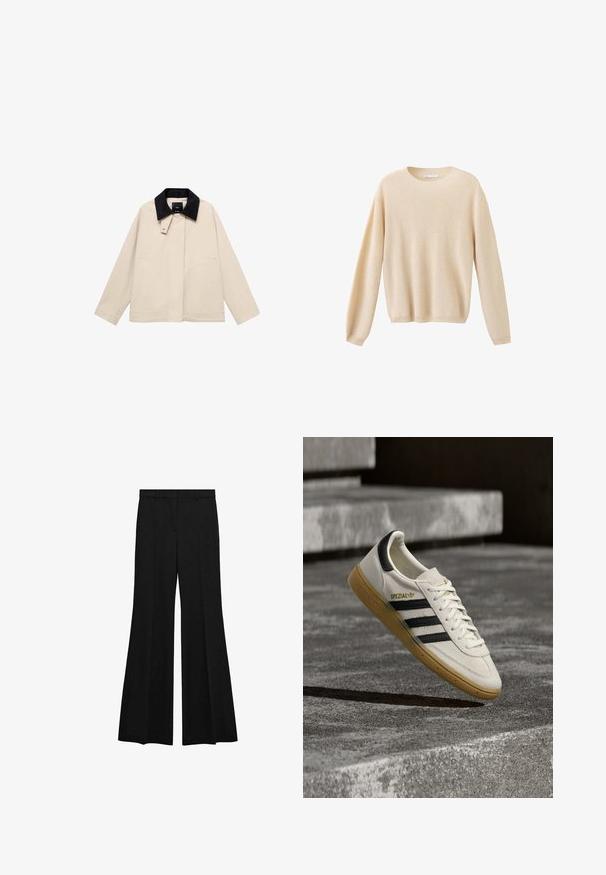 Beige jakke med en sort fløjlskrage, der har sidelommer og en lige silhuet. Lavet af letvægtsstof, designet til alsidighed.; Beige langærmet striktrøje med ribstrikkede manchetter og kant, rund halsudskæring og blød tekstur vist på en ensfarvet hvid baggrund.; Sorte bukser med høj talje og brede, vide ben, bæltestropper og forreste presning, på hvid baggrund.; Hvid Adidas Spezial sneaker med sorte striber og gummisål, svævende over grå stentrin udendørs.