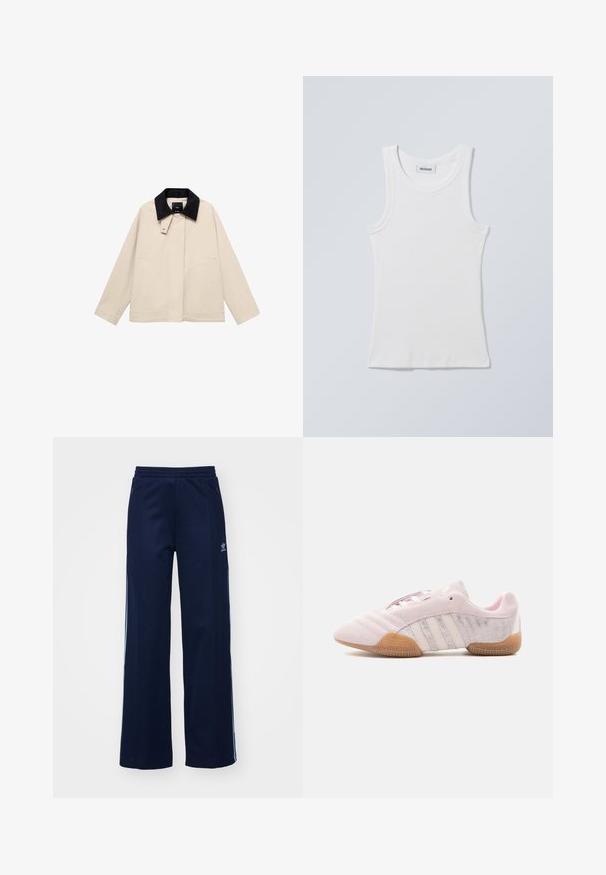 Beige jakke med en sort fløjlskrage, der har sidelommer og en lige silhuet. Lavet af letvægtsstof, designet til alsidighed.; Hvid bomulds tanktop med rund halsudskæring og brede skulderstropper. Har ribstrikket tekstur og lige kant forneden. Mærke vist ved halsudskæringen.; Marineblå bomuldsblandede træningsbukser med bred benstil, elastisk talje og lynlåslommer, prydet med hvide sideordner og logo-detalje.; Lyserød ruskindssneaker med hvide striber, gummisål og teksturerede sidestykker, vist fra indersiden på en hvid baggrund.