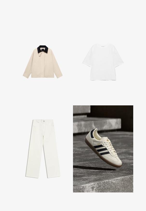 Beige jakke med en sort fløjlskrage, der har sidelommer og en lige silhuet. Lavet af letvægtsstof, designet til alsidighed.; Hvid oversize T-shirt med korte ærmer og rund hals, ensfarvet design og skuldersømme, der er sænket, på hvid baggrund.; Hvide jeans med højt liv og lige ben, med forlommer og knaplukning på hvid baggrund.; Hvid Adidas Samba sneaker med sorte striber og gummsål, svævende over teksturerede grå betonstrin.