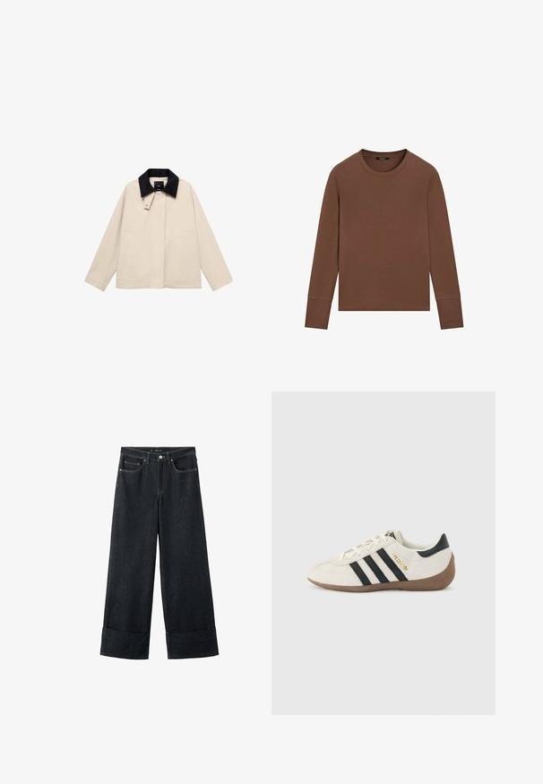 Beige jakke med en sort fløjlskrage, der har sidelommer og en lige silhuet. Lavet af letvægtsstof, designet til alsidighed.; Brun langærmet bluse med rund halsudskæring og ribkantede manchetter, vist fladt på en hvid baggrund.; Vidbenede mørke blå jeans i denim med opbukket kant, forlommer og kontrastsyning. Fremstillet af robust denimstof for holdbarhed.; Hvid Adidas-sneaker med sorte striber, brun tekstureret sål og "SPEZIAL" i guldbogstaver på siden, set fra ydersiden.
