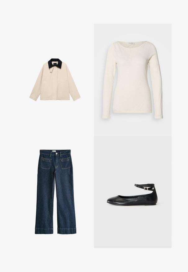 Beige jakke med en sort fløjlskrage, der har sidelommer og en lige silhuet. Lavet af letvægtsstof, designet til alsidighed.; Langærmet, rundhalset top i off-white, lavet af et blødt, let stof med en glat tekstur og minimalistisk design.; Mørkeblå bukser med vid ben, forlommer, bæltestropper, knaplukning og opbuk ved benenderne.; Sort flad ballet-sko med rund tå og en tynd ankelrem, der er sikret af en lille metallisk spænde.