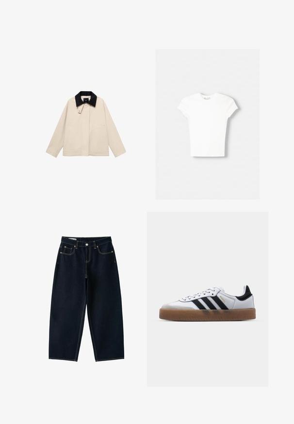 Beige jakke med en sort fløjlskrage, der har sidelommer og en lige silhuet. Lavet af letvægtsstof, designet til alsidighed.; Hvid kortærmet t-shirt lavet af blød bomuld, med rund halsudskæring og en tætsiddende form. Ingen synlige mønstre eller udsmykninger.; Mørkeblå jeans med brede ben og høj talje, foran knap, lynlås og fem lommer med synlige sømme.; Hvide lædersneakers med sorte striber, gummirubber sål, rund tå, snørelukning og blød grå ruskinds tåhætte.