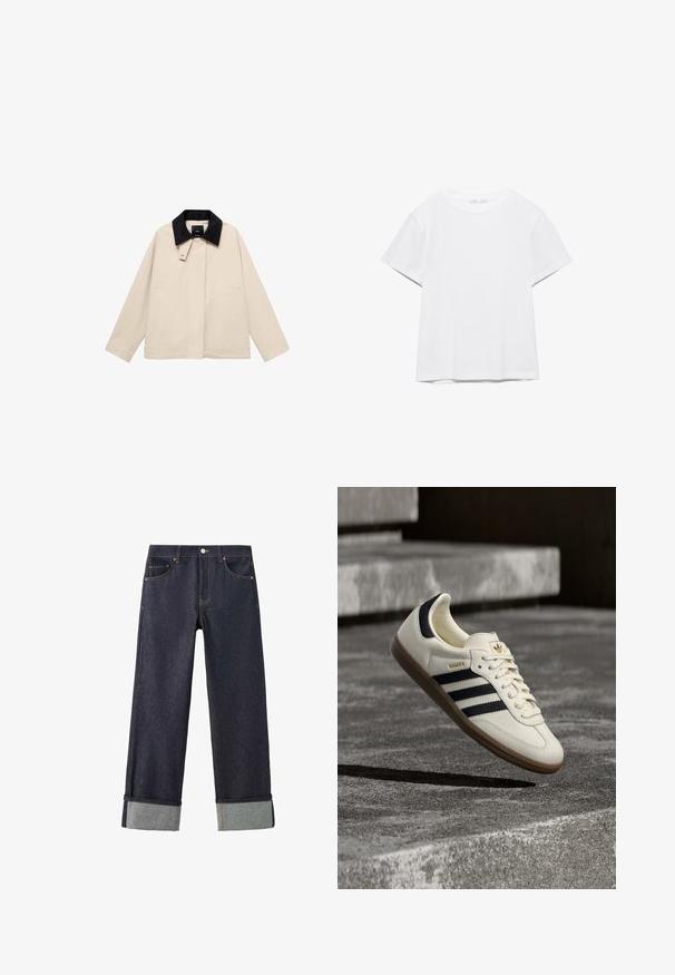 Beige jakke med en sort fløjlskrage, der har sidelommer og en lige silhuet. Lavet af letvægtsstof, designet til alsidighed.; Hvid, kortærmet T-shirt med rund hals og lige kant, vist på en hvid baggrund.; Mørkeblå denimjeans med bred ben-snit. Har opkørte manchetter i kontrastfarve lysegrå, klassisk fem-lomme design og kobberdetaljer.; Hvid Adidas Samba sneaker med sorte striber og gummsål, svævende over teksturerede grå betonstrin.