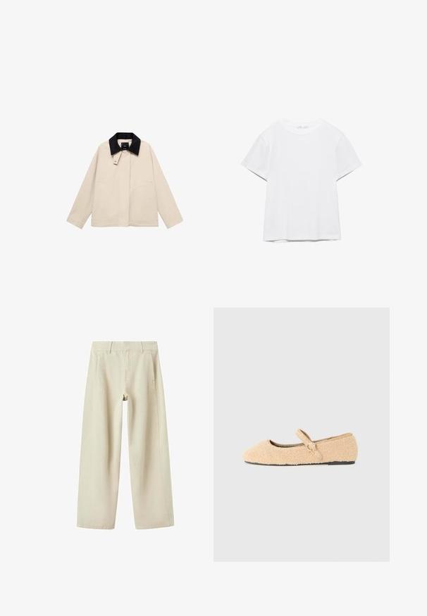 Beige jakke med en sort fløjlskrage, der har sidelommer og en lige silhuet. Lavet af letvægtsstof, designet til alsidighed.; Hvid, kortærmet T-shirt med rund hals og lige kant, vist på en hvid baggrund.; Beige bukser med vide ben, sidelommer, bæltestropper og synlige syninger, vist fladt på en hvid baggrund.; Beige fnug Mary Jane flad sko med rund tå, justerbar rem med cirkelformet spænde og sort sål på hvid baggrund.