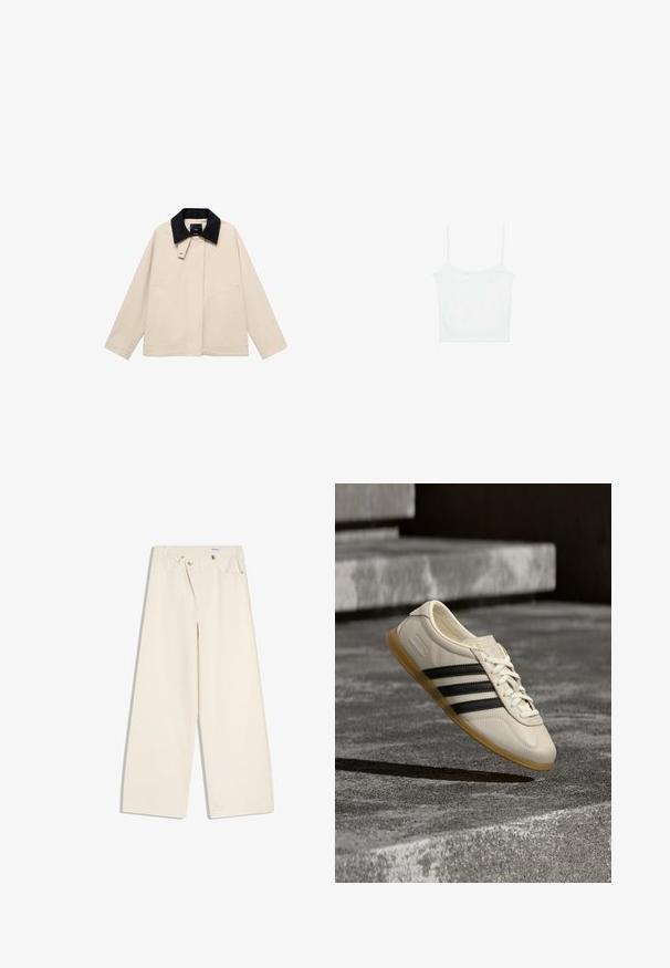 Beige jakke med en sort fløjlskrage, der har sidelommer og en lige silhuet. Lavet af letvægtsstof, designet til alsidighed.; Stradivarius Top - white; Off-white bukser med vidde i benene, foranlommer, bærestropper og sølvknapper på linningen og lommekanter.; Hvid sneaker med sorte striber og gummisål svæver over betontrapper i blødt dagslys.