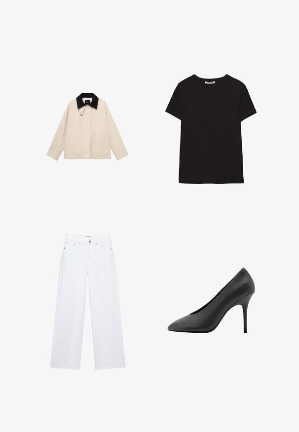 Beige jakke med en sort fløjlskrage, der har sidelommer og en lige silhuet. Lavet af letvægtsstof, designet til alsidighed.; Sort kortærmet t-shirt i bomuld med rund halsudskæring, standard pasform og synlig indvendig halsmærkat.; Hvide jeans med høj talje og vide ben med knap- og lynlåslukning, for- og baglommer samt sølvfarvede nitter som detaljer.; Sort læderpumps med høje hæle, spids snude, elegant design og tynd stiletthæl. Glat tekstur uden synlige udsmykninger.