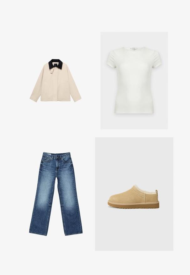 Beige jakke med en sort fløjlskrage, der har sidelommer og en lige silhuet. Lavet af letvægtsstof, designet til alsidighed.; Plain hvid tætsiddende t-shirt med korte ærmer og rund halsudskæring, vist på en neutral baggrund.; Blå vidtsiddende jeans i denim med forlommer og møntlomme foran, knaplukning og falmet vask på lår og knæ.; Suede slip-on sko i lys tan, med en blød pelsforing og tekstureret gummisål med en let hæl og bagestrop for nem påklædning.