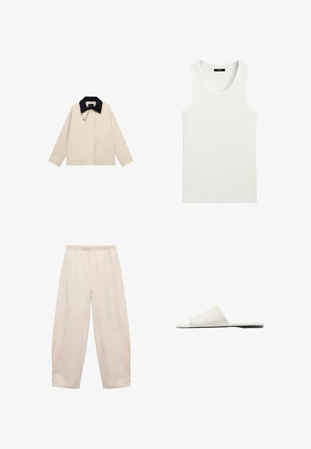 Beige jakke med en sort fløjlskrage, der har sidelommer og en lige silhuet. Lavet af letvægtsstof, designet til alsidighed.; Hvid ærmeløs ribstrikket tanktop med rund halsudskæring og label indeni kraven.; Elastisk taljebukser i lys beige. Fremstillet af blødt stof med sidelommer og en afslappet, løs pasform. Taperet ved anklen.; Hvid slidesandal med en bred rem og flad sål, vist i sidevisning på en hvid baggrund.