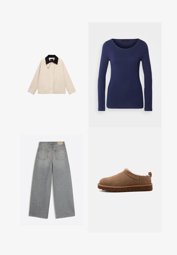 Beige jakke med en sort fløjlskrage, der har sidelommer og en lige silhuet. Lavet af letvægtsstof, designet til alsidighed.; Marineblå langærmet T-shirt lavet af blødt materiale med rund halsudskæring og tætsiddende design. Ingen synlige mønstre eller accenter.; Grå vidbenede denimjeans der viser bagsiden med to lommer og bæltestropper lagt fladt på hvid baggrund.; Brun ruskind slip-on hjemmesko med blødt innerfor og en tyk rilled sål, vist fra siden på en ensfarvet baggrund.