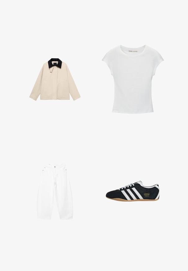 Beige jakke med en sort fløjlskrage, der har sidelommer og en lige silhuet. Lavet af letvægtsstof, designet til alsidighed.; Hvid bomuld t-shirt med korte, opsmøgede ærmer, rund halsudskæring og lige kant. Glat tekstur uden synlige mønstre eller detaljer.; Hvide, brede bomuldsjeans med knap- og lynlåslukning foran, bæltestropper og femlomme-design.; Sort ruskinds sneaker med hvide tre striber, guldlogo og en brun gummisål. Har et lavprofil snørebåndsdesign.