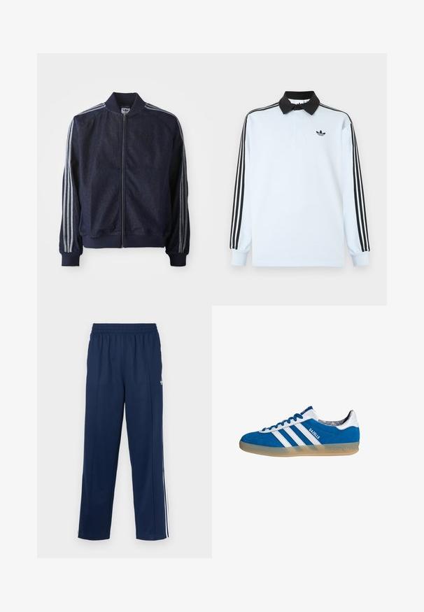 Marineblaue Jeansjacke mit Reißverschluss vorne, gerippten Bündchen und drei weißen Streifen an jedem Arm. Mit kleinem Logo auf der Brust.; Hellblaues langärmeliges Polohemd mit schwarzem Kragen, drei schwarzen Streifen an den Ärmeln und einem kleinen schwarzen Logo auf der Brust.; Marineblaue Sporthose mit strukturierter Oberfläche, elastischem Bund und weißen Seitenstreifen. Mit geradem Schnitt und ohne Taschen.; Blauer und weißer Adidas Gazelle Sneaker mit Gummisohle und drei weißen Streifen, aus der Seitenansicht auf weißem Hintergrund.