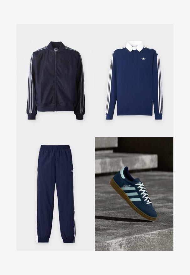 Mørkeblå denimjakke med lynlås foran, ribbede manchetter og tre hvide striber langs hver arm. Har et lille logo på brystet.; Marineblå langærmet polo i bomuldsstof, hvid krave, med klassiske tre hvide striber langs ærmerne og et lille logo på brystet.; Mørkeblå træningsbukser lavet af letvægtsstof med hvide striber på siderne, elastisk taljebånd og lille logo.; Blå Adidas Spezial sneaker med hvide striber og snørebånd, gummisål, svævende over en ru betongoverflade og trin i baggrunden.