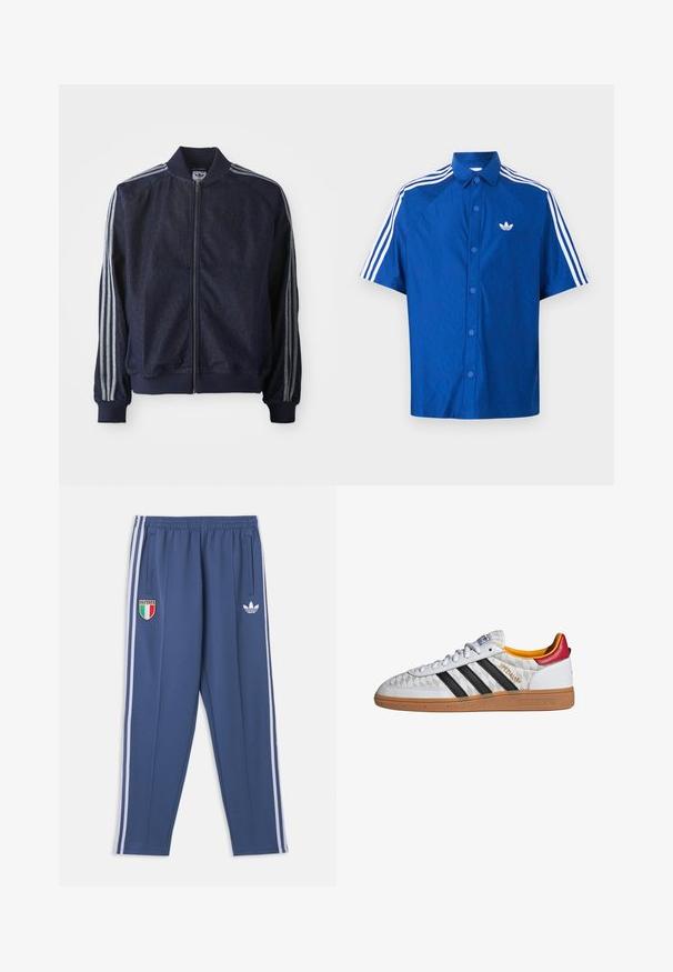 Marineblaue Jeansjacke mit Reißverschluss vorne, gerippten Bündchen und drei weißen Streifen an jedem Arm. Mit kleinem Logo auf der Brust.; Blaues kurzärmliges Hemd mit Knopfleiste, weißem Adidas-Logo auf der Brust und drei weißen Streifen entlang der Schultern und Ärmel.; Blaue Trainingshose mit weißen Seitenstreifen, elastischem Bund, Italien-Flaggen-Patch am linken Oberschenkel und weißem Adidas-Trefoil-Logo am rechten Oberschenkel.; Weißer Adidas Spezial Sneaker mit schwarzen Streifen, Gummisohle, gestepptem Muster, rotem Fersenlaschen und gelber Innenausstattung, Seitenansicht.