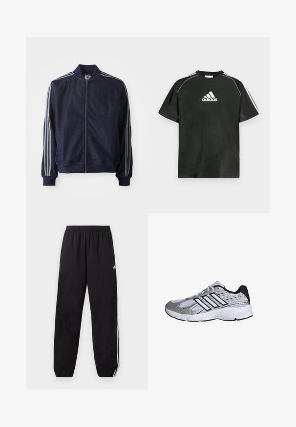 Marineblauwe denimjack met een ritssluiting aan de voorkant, geribbelde manchetten en drie witte strepen langs elke arm. Het heeft een klein logo op de borst.; Zwart T-shirt met korte mouwen en een wit Adidas-logo op de borst en witte strepen op de schouders. Gemaakt van gladde stof, met een ontspannen pasvorm.; Zwarte Adidas trainingsbroek met witte zijstrepen, elastische tailleband en enkelsluitingen, met een klein logo op het bovenbeen.; Mesh sportieve schoenen in wit en zilver, met zwarte accenten, drie witte streeplogo, gevoerde kraag en een gestructureerde rubberen zool.