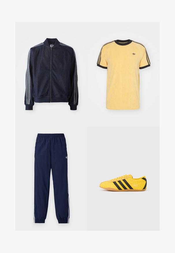 Námořnická denimová bunda se zipem vpředu, zúženými manžetami a třemi bílými pruhy na každém rukávu. Obsahuje malé logo na hrudi.; adidas Originals CALI TEE - Tričko s potlačou - oat; Tmavomodré teplákové nohavice z ľahkej látky, s bielymi pruhmi po bokoch, elastickým pásom a malým logom.; Žltá športová obuv s textúrovaným zvrškom, s čiernymi pruhmi a logom. Zaoblená špička, mäkká podrážka a vzor v tvare cik-cak na materiáli.