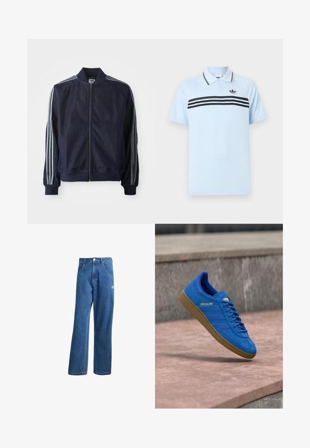 Marineblaue Jeansjacke mit Reißverschluss vorne, gerippten Bündchen und drei weißen Streifen an jedem Arm. Mit kleinem Logo auf der Brust.; Hellblaues Polohemd aus strukturiertem Stoff mit schwarzen Akzentstreifen und einem schwarzen Logo auf der Brust. Verfügt über einen Kragen.; Blaue hohe, weite Jeans mit Fronttaschen, Gürtelschlaufen, Knopfverschluss und kleinem Adidas-Logo am rechten Oberschenkel.; Blauer Adidas Spezial Sneaker mit Gummisohle, Schnürsenkel gebunden, schwebend über einer glatten Steinoberfläche nahe einer grauen Betonwand.