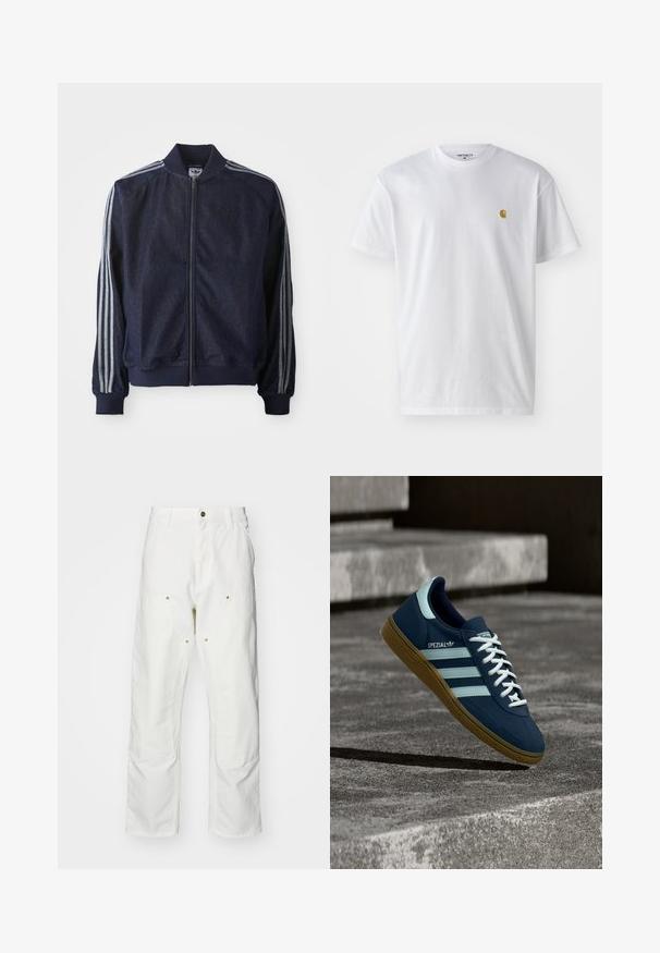 Marineblauwe denimjack met een ritssluiting aan de voorkant, geribbelde manchetten en drie witte strepen langs elke arm. Het heeft een klein logo op de borst.; Witte katoenen t-shirt met korte mouwen en ronde hals, voorzien van een klein gouden logo op de linkerkant van de borst. Zachte textuur en een normale pasvorm.; Witte katoenen cargobroeken met een relaxte pasvorm. Kenmerken zijn onder andere voorzakken, gouden hardware accenten en versterkte kniezones.; Blauwe Adidas Spezial sneaker met witte strepen en veters, gumzool, zwevend boven een ruwe betonnen oppervlakte en trappen op de achtergrond.