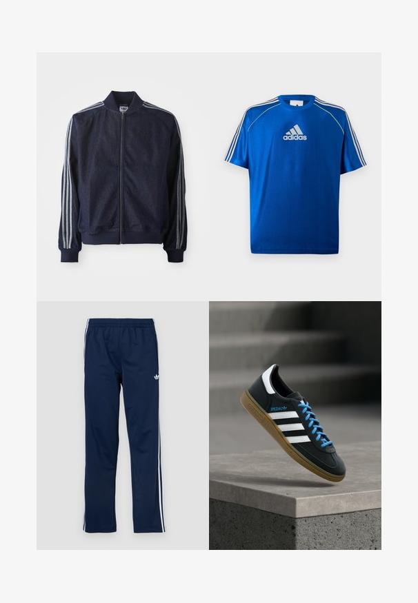 Marineblauwe denimjack met een ritssluiting aan de voorkant, geribbelde manchetten en drie witte strepen langs elke arm. Het heeft een klein logo op de borst.; Blauw Adidas sport T-shirt met een wit logo op de borst, witte strepen op de schouders en neongele biezen langs de schoudernaden.; Marineblauwe sportbroek met een elastische tailleband, witte zijstrepen en een geborduurd logo op de linker dij. Gladde stoftextuur.; Zwarte Adidas-sneaker met witte strepen, blauwe veters en een gumzool die boven een grijze betonnen trede zweeft in zacht licht.