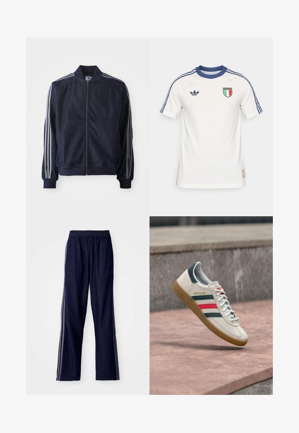 Mørkeblå denimjakke med lynlås foran, ribbede manchetter og tre hvide striber langs hver arm. Har et lille logo på brystet.; Hvid sportst-shirt med blå krave og tre blå striber på hver skulder. Har logo med Italiens flag i midten.; Mørkeblå træningsbukser med elastisk talje, der har tre hvide sidestriber og en lige benudskæring. Blød denimtekstur.; Hvid Adidas sneaker med grønne og røde striber, gummisål og "SPEZIAL" branding, der svæver over stensat belægning.
