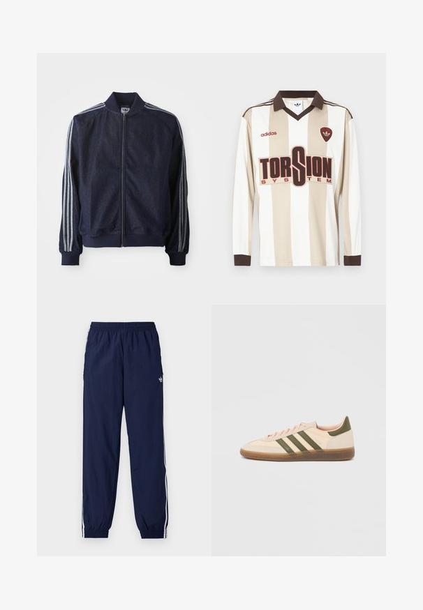 Marineblaue Jeansjacke mit Reißverschluss vorne, gerippten Bündchen und drei weißen Streifen an jedem Arm. Mit kleinem Logo auf der Brust.; Langärmliges Fußballtrikot in Beige mit weißen Streifen; verfügt über einen braunen Kragen und Bündchen, ein großes rotes "TORSION SYSTEM"-Logo und adidas-Branding.; Marineblaue Trainingshose aus leichtem Stoff, mit weißen Streifen an den Seiten, einem elastischen Bund und einem kleinen Logo.; Flacher, beigefarbener Adidas Spezial Sneaker mit grünen Streifen, Gummisohle und "SPEZIAL" Schriftzug an der Seite, von der Außenseite gezeigt.