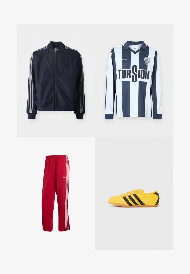 Marineblauwe denimjack met een ritssluiting aan de voorkant, geribbelde manchetten en drie witte strepen langs elke arm. Het heeft een klein logo op de borst.; Langarm voetbalshirt met verticale lichtblauwe en donkerblauwe strepen, een kraaghals en een "TORSION"-grafiek in vet zwart.; Rode Adidas trainingsbroek met elastische tailleband, witte zijstrepen en Trefoil-logo op het rechterdijbeen tegen een witte achtergrond.; Geel sportschoen met een gestructureerd bovenwerk, voorzien van zwarte strepen en logo. Ronde neus, zachte zool en zigzagpatroon op het materiaal.