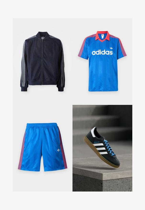 Marineblauwe denimjack met een ritssluiting aan de voorkant, geribbelde manchetten en drie witte strepen langs elke arm. Het heeft een klein logo op de borst.; Blauw Adidas sportshirt met korte mouwen, rode kraag en strepen op de schouders, met wit Adidas-logo en driebladig embleem op de borst.; Blauwe sportshorts met rode strepen aan de zijkanten en een wit Adidas-logo op het linkerbeen, voorzien van een elastische tailleband.; Zwarte Adidas-sneaker met witte strepen, blauwe veters en een gumzool die boven een grijze betonnen trede zweeft in zacht licht.