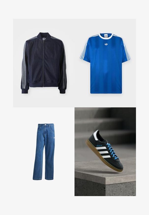 Marineblaue Jeansjacke mit Reißverschluss vorne, gerippten Bündchen und drei weißen Streifen an jedem Arm. Mit kleinem Logo auf der Brust.; Königsblaues sportliches T-Shirt aus glattem Stoff, mit weißen Streifen an den Ärmeln und einem kleinen weißen Logo auf der Brust.; Blaue hohe, weite Jeans mit Fronttaschen, Gürtelschlaufen, Knopfverschluss und kleinem Adidas-Logo am rechten Oberschenkel.; Schwarzer Adidas-Sneaker mit weißen Streifen, blauen Schnürsenkeln und Gummisohle, der über einer grauen Betontreppe im weichen Licht schwebt.