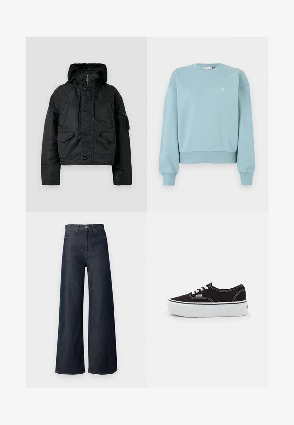 Veste matelassée noire courte avec fermeture éclair et bouton, deux poches avant, capuche avec cordon de serrage et doublure intérieure douce.; Sweat-shirt bleu clair, en coton doux. Conçu avec un col rond, des épaules tombantes, des poignets côtelés et un petit logo sur la poitrine.; Jean en denim foncé à jambes larges avec une taille haute, doté d'un design à cinq poches, de surpiqûres dorées et d'un détail bouton en métal. Texture lisse dans l'ensemble.; Baskets en toile noires avec une semelle en caoutchouc blanc, dotées de lacets et de coutures blanches, marquage emblématique sur le côté, design basse.