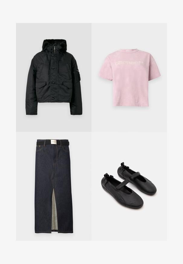 Veste matelassée noire courte avec fermeture éclair et bouton, deux poches avant, capuche avec cordon de serrage et doublure intérieure douce.; T-shirt oversize rose clair à manches courtes avec logo blanc délavé "Carhartt" sur la poitrine et détails subtils de taches de peinture.; Jupe midi en denim bleu foncé avec une fente frontale. Dotée de coutures jaunes et d'une ceinture noire avec une boucle argentée. Design simple et droit.; Paire de chaussures en cuir noir style Mary Jane avec arrière élastiqué et bride velcro, avec un logo Puma discret sur chaque orteil.