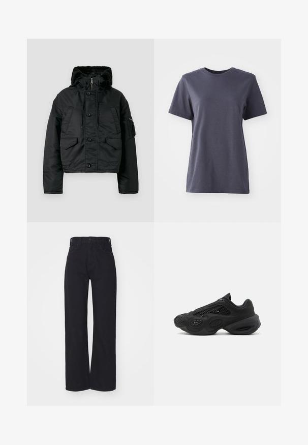 Veste matelassée noire courte avec fermeture éclair et bouton, deux poches avant, capuche avec cordon de serrage et doublure intérieure douce.; T-shirt à manches courtes en coton gris foncé, design col rond, texture lisse, ourlet droit, sans motifs ni détails matériels visibles.; Jeans noirs taille haute à jambes larges avec fermeture à bouton et zip à l'avant, passants de ceinture et deux poches avant sur fond blanc.; Baskets sportives noires avec panneaux en mesh, semelle épaisse et rembourrée, et petit logo swoosh sur le côté, photographiées sur fond uni.