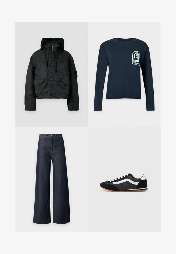 Veste matelassée noire courte avec fermeture éclair et bouton, deux poches avant, capuche avec cordon de serrage et doublure intérieure douce.; Chemise manches longues bleu marine avec col rond et logo fleur blanche avec le texte "Quiksilver" sur la poitrine gauche.; Jean en denim foncé à jambes larges avec une taille haute, doté d'un design à cinq poches, de surpiqûres dorées et d'un détail bouton en métal. Texture lisse dans l'ensemble.; Chaussure de sport noire avec tige en suède et textile, accents blancs, six œillets et semelle en caoutchouc. Forme élégante avec un profil bas.