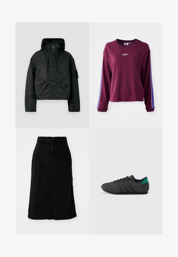 Veste matelassée noire courte avec fermeture éclair et bouton, deux poches avant, capuche avec cordon de serrage et doublure intérieure douce.; Chemise à manches longues bourgogne en coton, présentant des rayures bleues et blanches le long des manches et un logo au centre. Coupe régulière.; Jupe en denim noir à coupe droite, avec poches avant et fermeture à bouton à la taille. Présente des coutures visibles et un tissu texturé.; Baskets noires à profil bas avec un motif floral subtil, lacets noirs, languette de talon verte et logo doré sur la languette et le talon.