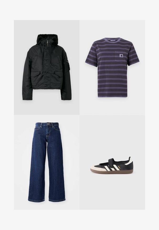 Veste matelassée noire courte avec fermeture éclair et bouton, deux poches avant, capuche avec cordon de serrage et doublure intérieure douce.; T-shirt violet à rayures avec une poche sur la poitrine gauche, présentant des rayures noires horizontales. Tissu doux, manches courtes, col rond.; Jean ample bleu foncé en denim, doté d'une fermeture à bouton et à zip, de passants de ceinture et d'un design classique à cinq poches.; Baskets noires et beiges avec une bride en velcro, trois bandes blanches sur le côté, et une semelle en caoutchouc marron texturée. Logo de la marque visible.