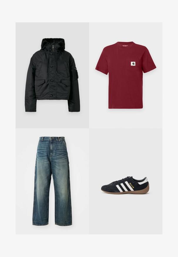 Veste matelassée noire courte avec fermeture éclair et bouton, deux poches avant, capuche avec cordon de serrage et doublure intérieure douce.; T-shirt rouge à manches courtes en coton, avec une poche sur la poitrine gauche dotée d'un écusson logo blanc. Encolure ronde, coupe décontractée.; Jean en denim à jambes larges en délavé bleu. Présente une fermeture à bouton, cinq poches et des coutures visibles. Le matériau a une texture lisse.; Baskets en daim noir avec trois bandes blanches, semelle en caoutchouc beige, et un petit logo doré sur le côté. Dotées d'une doublure intérieure noire lisse.
