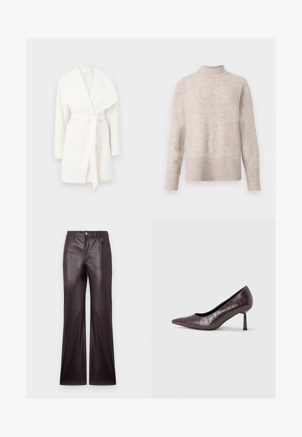 Hvid langærmet omslagsoverfrakke med bred krave og bælte; lavet af blødt stof med en glat tekstur og rene linjer.; Lyse beige sweater med høj hals, der har et struktureret strik, ribbet kant og manchetter samt en midterseam, der løber lodret ned ad fronten.; Krokodilleskindsmønstrede, mørkebrune bukser i faux læder med bred benform, der har forlommer og sølvfarvet knaplukning.; Brune kunstlæder stiletter med spidse tæer og krokodilletekstur, der har en slank, vinklet hæl og en glat inderside.
