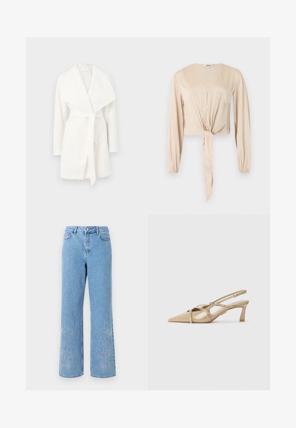 Witte lange mouwen wikkeljas met brede kraag en strikceintuur; gemaakt van zachte stof met een gladde textuur en schone lijnen.; Beige blouse met lange mouwen, V-hals, knopen aan de voorkant, elastische manchetten en een gebonden stofdetail bij de taille.; Lichtblauwe rechte spijkerbroek met voorzakken en witte bloemrijke borduursels vlakbij de onderkant aan beide benen.; Beige lakleren slingback-hakken met een spitse neus, verstelbare bandjes en metalen accenten. Mid-height blokhak.