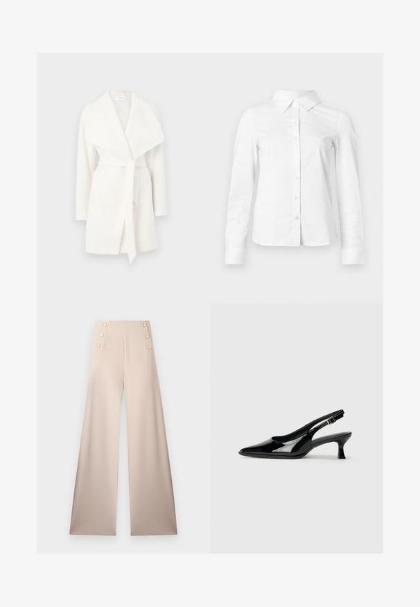 Witte lange mouwen wikkeljas met brede kraag en strikceintuur; gemaakt van zachte stof met een gladde textuur en schone lijnen.; Witte blouse met lange mouwen en knopen, met puntige kraag, rechte zoom en aansluitende silhouet, weergegeven op een effen lichte achtergrond.; Beige broek met brede pijpen, een hoge taille en twee verticale rijen van elk drie gouden decoratieve knopen aan de voorkant.; Zwarte lakleren slingback schoenen met een spitse neus en een lage blokhak. Verstelbare gespband bij de enkel.