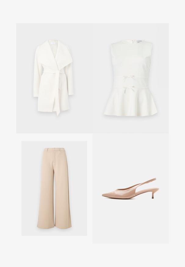 Witte lange mouwen wikkeljas met brede kraag en strikceintuur; gemaakt van zachte stof met een gladde textuur en schone lijnen.; Mouwloze witte peplum top met twee kleine decoratieve strikjes aan de taille en een ronde halslijn.; Beige wijde broek met hoge taille, riemlussen en een verborgen sluiting aan de voorkant, op een witte achtergrond.; Beige lakleren slingback schoen met puntige neus en lage kittenhak, in profiel afgebeeld tegen een witte achtergrond.
