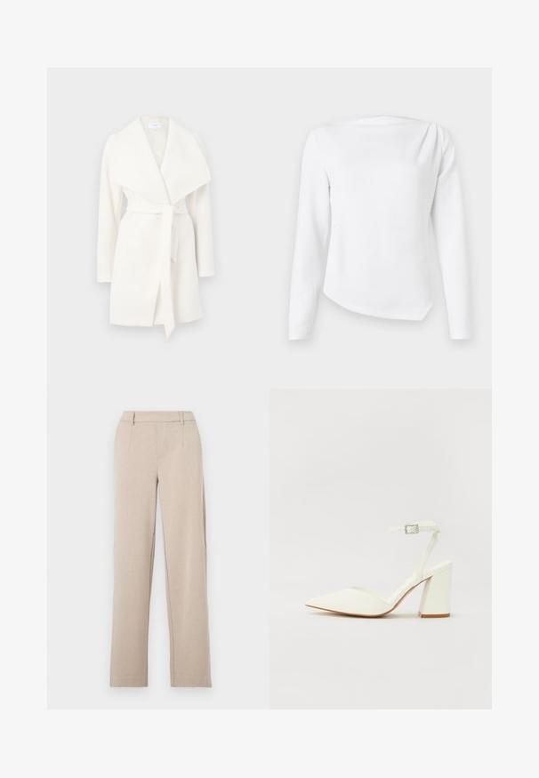 Abrigo blanco de manga larga cruzado con amplio cuello y cinturón de lazo; hecho de un tejido suave con una textura lisa y líneas limpias.; Blusa blanca de manga larga con escote en barco y dobladillo ligeramente asimétrico, presentada sobre un fondo liso y claro.; Pantalones beige hechos a medida con pierna recta, textura suave, bolsillos frontales y trabillas para cinturón. Confeccionados con una tela ligera.; Sandalia blanca de tacón con puntera afilada, correa ajustable en el tobillo y un tacón cuadrado grueso. Textura lisa con detalles de costura mínimos.