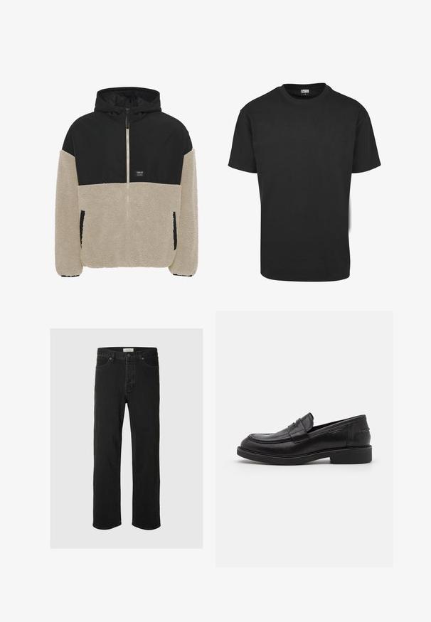 Veste à capuche avec une partie supérieure noire et une partie inférieure en polaire crème, dotée d'une fermeture éclair et de poches latérales ; texture douce.; T-shirt en coton noir à manches courtes, col rond et coupe standard. Le tissu semble lisse et sans décoration.; Des jeans en denim noir à coupe droite disposent d'un design classique à cinq poches avec fermeture à bouton, de coutures minimales et d'une texture douce.; Mocassins en cuir noir avec un bout arrondi, des coutures ton sur ton et un détail de sangle à l'avant. Semelle en caoutchouc avec un petit talon.