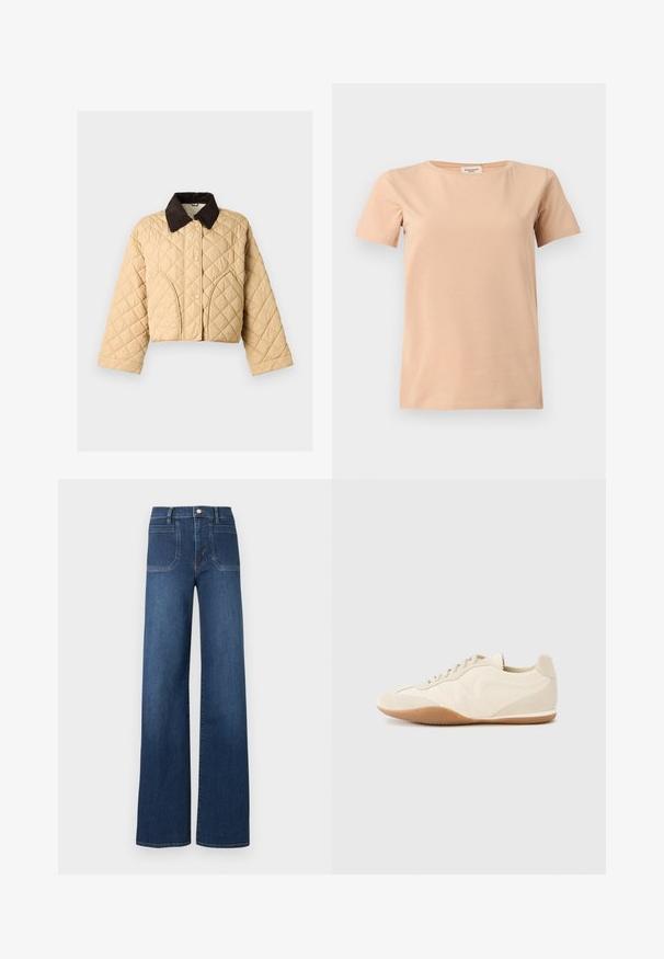 Veste matelassée beige avec col en velours côtelé marron foncé, fermeture à boutons-pression sur le devant et détails de coutures courbes sur les poches avant.; T-shirt beige manches courtes avec col rond et ourlet droit sur un fond uni gris clair.; Jean large taille haute en denim bleu foncé, avec design classique à cinq poches, coutures apparentes et braguette zippée avec fermeture par bouton.; Baskets beige clair avec une tige en cuir texturé, des panneaux latéraux texturés et une semelle en caoutchouc. Dotées d'un design fin et épuré ainsi que de lacets plats.
