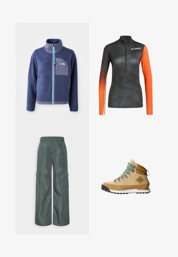 Fleece jacket in donker marineblauw met een hoge kraag, voorrits en lichtblauwe accenten. Bevat een borstzak met logodetail.; Sportshirt met lange mouwen en een halve ritssluiting bij de kraag. Het lichaam is donkergrijs met een oranje verloopmouw en een diagonale streepjespatroon.; Even&Odd Cargobroek - dark green; Tan wandelschoen met een bovenwerk van suede en canvas, turquoise veters, een gevoerde kraag en een zwarte rubberen zool met een geprofileerd grippatroon.