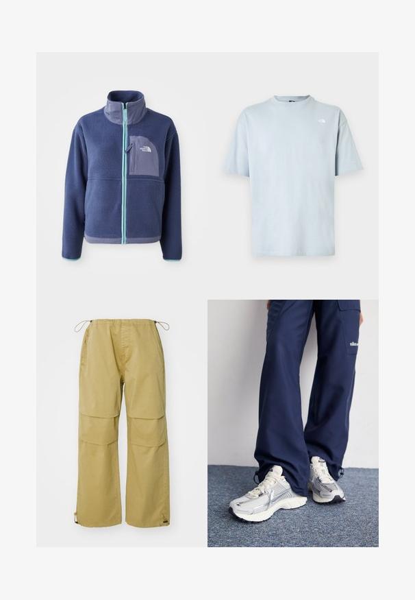 Fleece jacket in donker marineblauw met een hoge kraag, voorrits en lichtblauwe accenten. Bevat een borstzak met logodetail.; Lichtblauw T-shirt met korte mouwen, gemaakt van katoen. Ronde hals, losse pasvorm, met een klein wit logo op de linkerborst. Soepele textuur.; Khaaki cargobroek met wijde pijpen, een elastische tailleband, voorzakken en verstelbare koord cuffs. Gemaakt van lichtgewicht stof.; Nike hardloopschoenen met een zilveren mesh bovenkant, witte accenten en structuurzolen, gecombineerd met luchtige navy broeken.