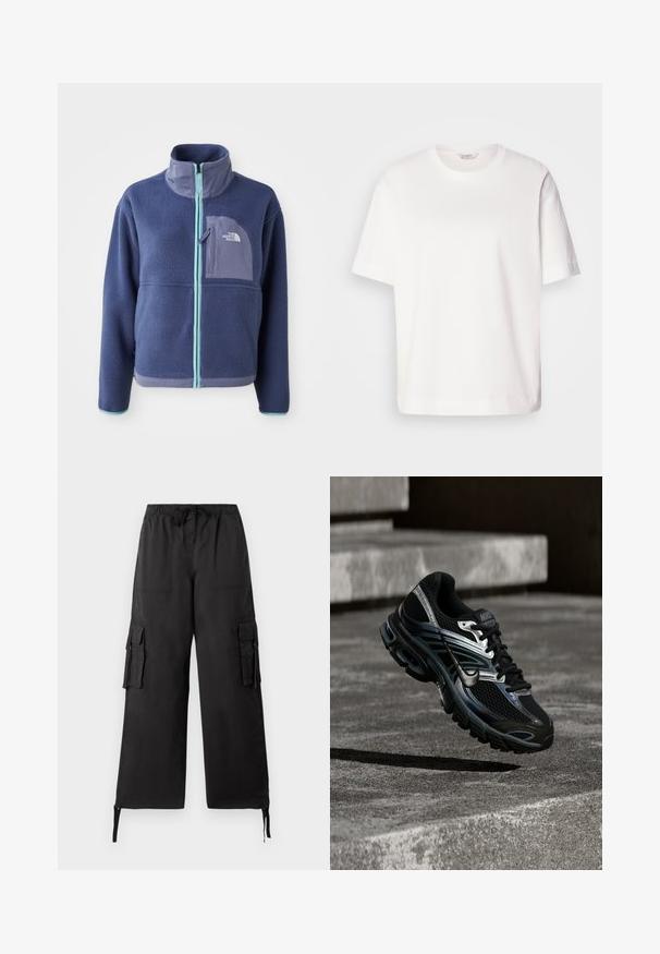 Fleece jacket in donker marineblauw met een hoge kraag, voorrits en lichtblauwe accenten. Bevat een borstzak met logodetail.; Witte katoenen t-shirt met korte mouwen, ronde hals, ontspannen pasvorm en een soepele textuur; geen patronen of zichtbare hardware.; Tommy Jeans ELASTICATED PANT - Cargobroek - black; Zwart-zilveren Nike hardloopschoen zwevend boven betonnen trappen, met een gedetailleerd ontwerp en een getextureerde zool in een buitenomgeving.
